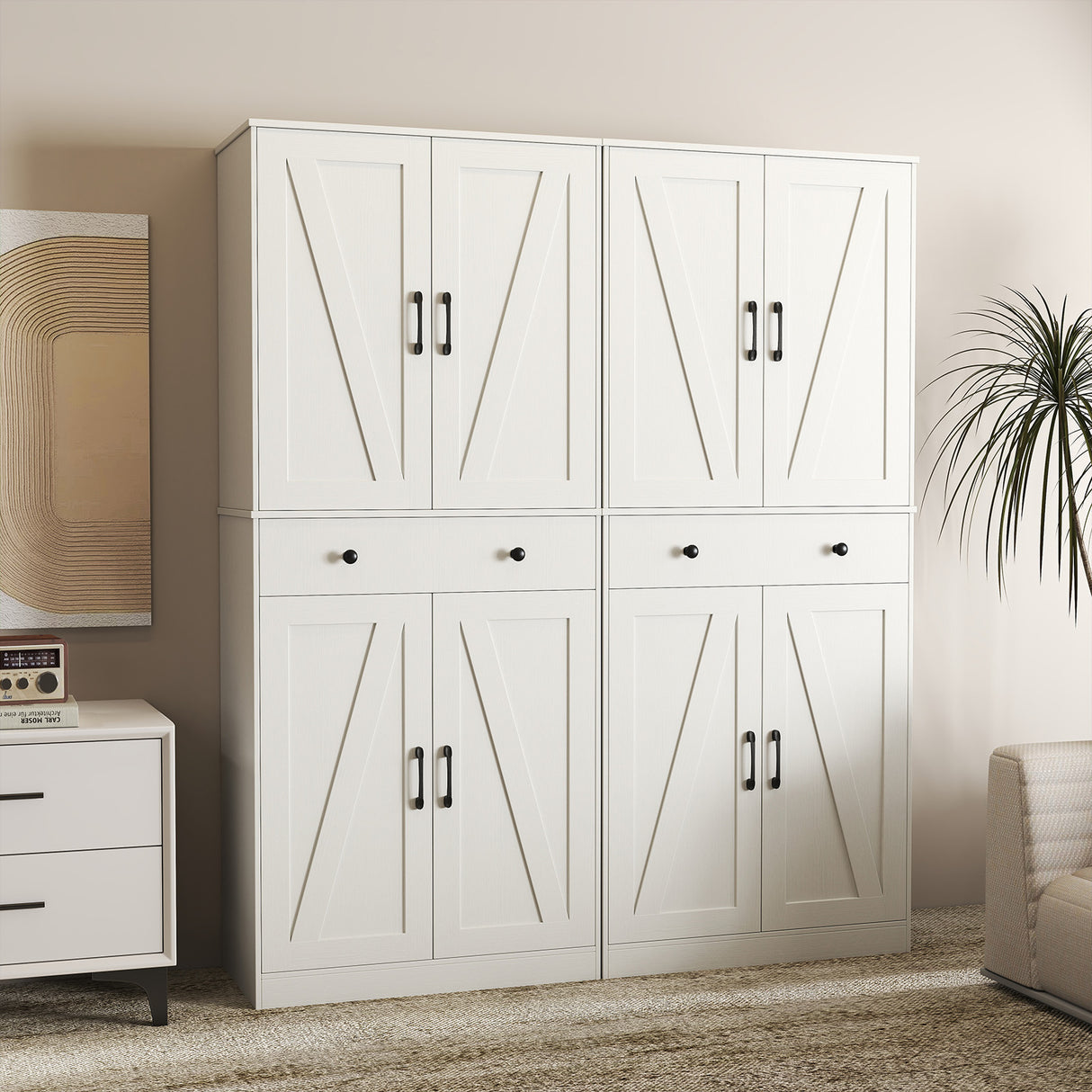 72 Inch Tall Modern Farmhouse Cupboard Cabinet with 4 Barn Doors-White