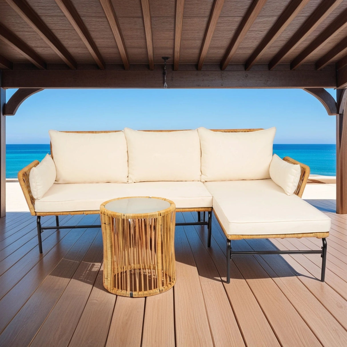 3 Pieces Outdoor Patio Wicker Furniture Sets Table And Chairs With Thick Cushion Outdoor Sofa Set Wicker And Cushion - Natural Yellow / Creme by Couch.com