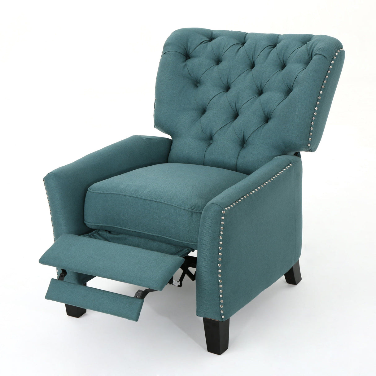 The Modern Push Back Recliner, upholstered in teal with a tufted backrest and studded arm detailing, features dark wooden legs. Its extended leg rest highlights the reclining function against a plain white background.