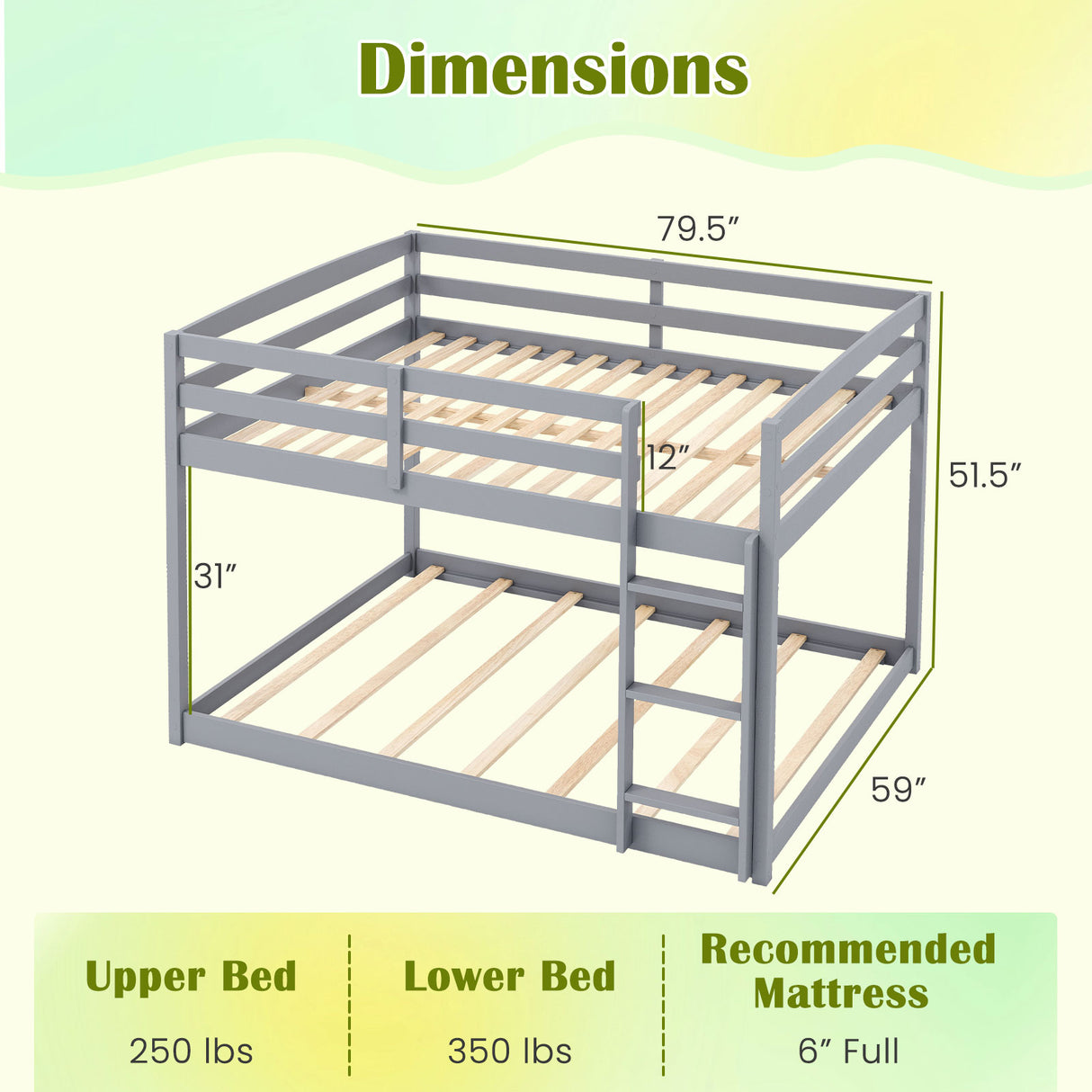 Full Over Full Bunk Bed Low-to-ground Bunk Bed-Gray