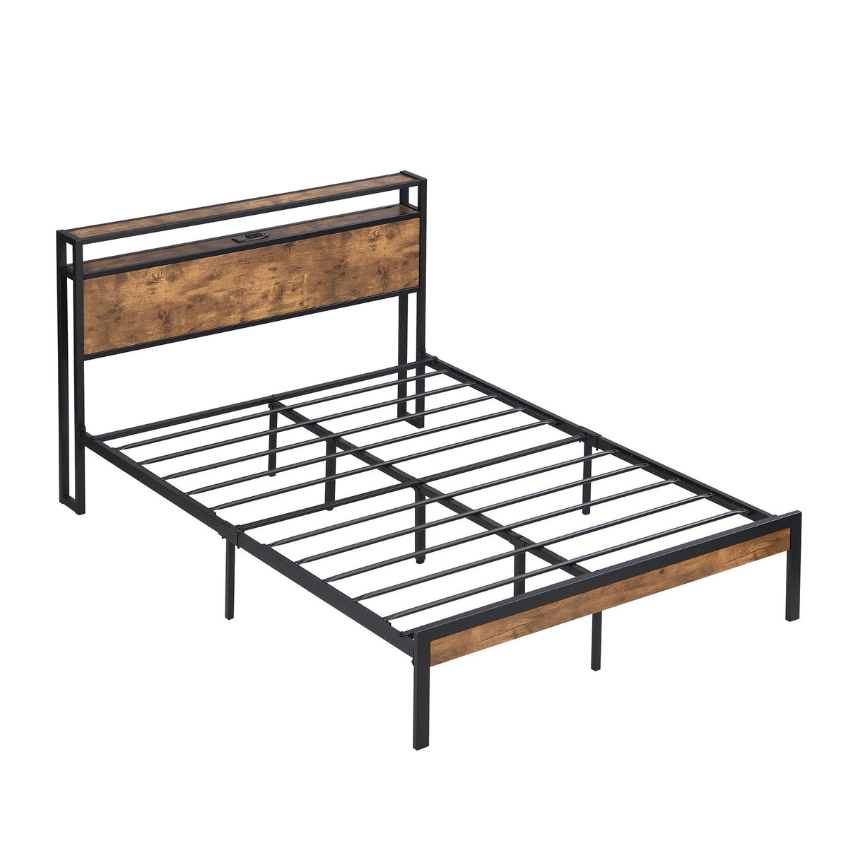 Full Size Metal Platform Bed Frame With Wooden Headboard And Footboard With USB Liner, No Box Spring Needed, Large Under Bed Storage - Brown by Couch.com