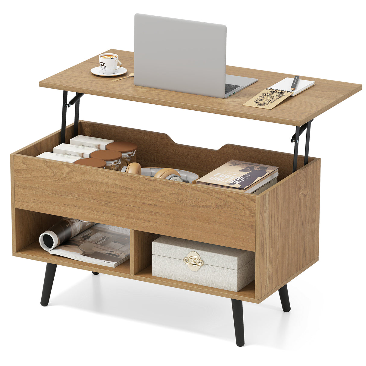 31.5 Inch Lift-Top Coffee Table with Hidden Storage and 2 Open Shelves-Natural