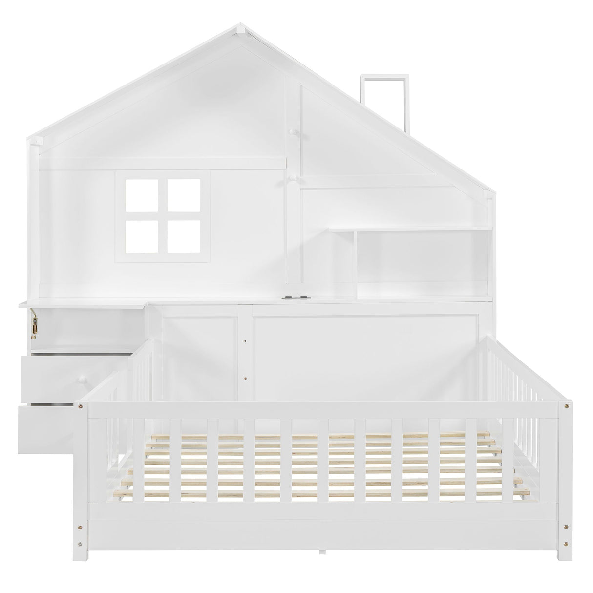 Full Size House Bed With Window And Bedside Drawers, Platform Bed With Shelves And A Set Of Sockets And USB Port - White by Couch.com