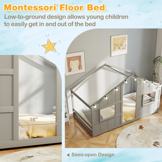 Solid Wood Twin Over Full Low Bunk Bed with Storage Stairs-Grey
