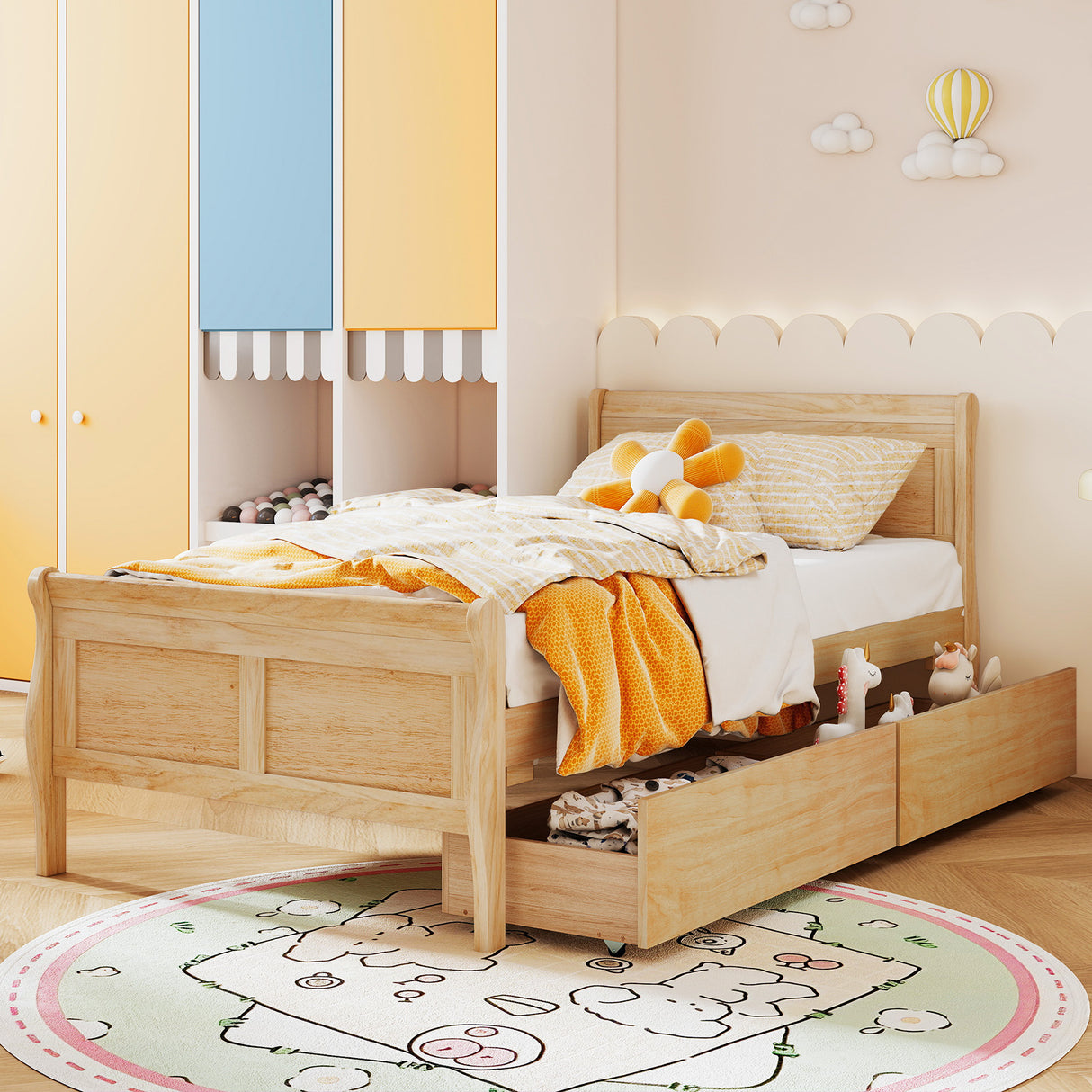 Twin Size Sleigh Bed with 2 Storage Drawers Wood Platform Bed Frame-Natural