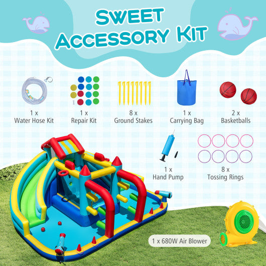 Inflatable Double Water Slide Park with Obstacle Course and Basketball Hoops