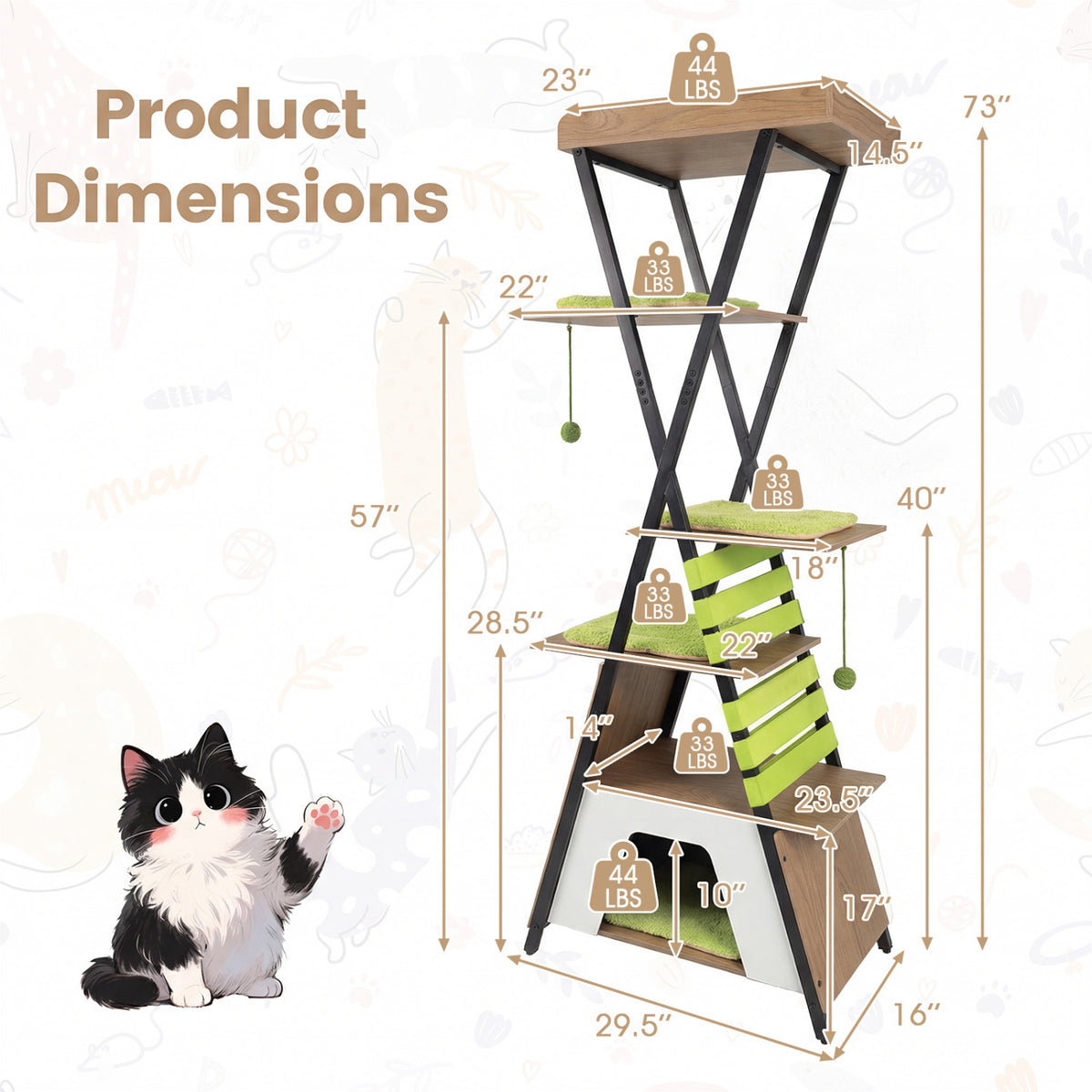 73 Inch Multi-level Cat Tree for Indoor Cats with Elevated Perch and Large Condo-Green