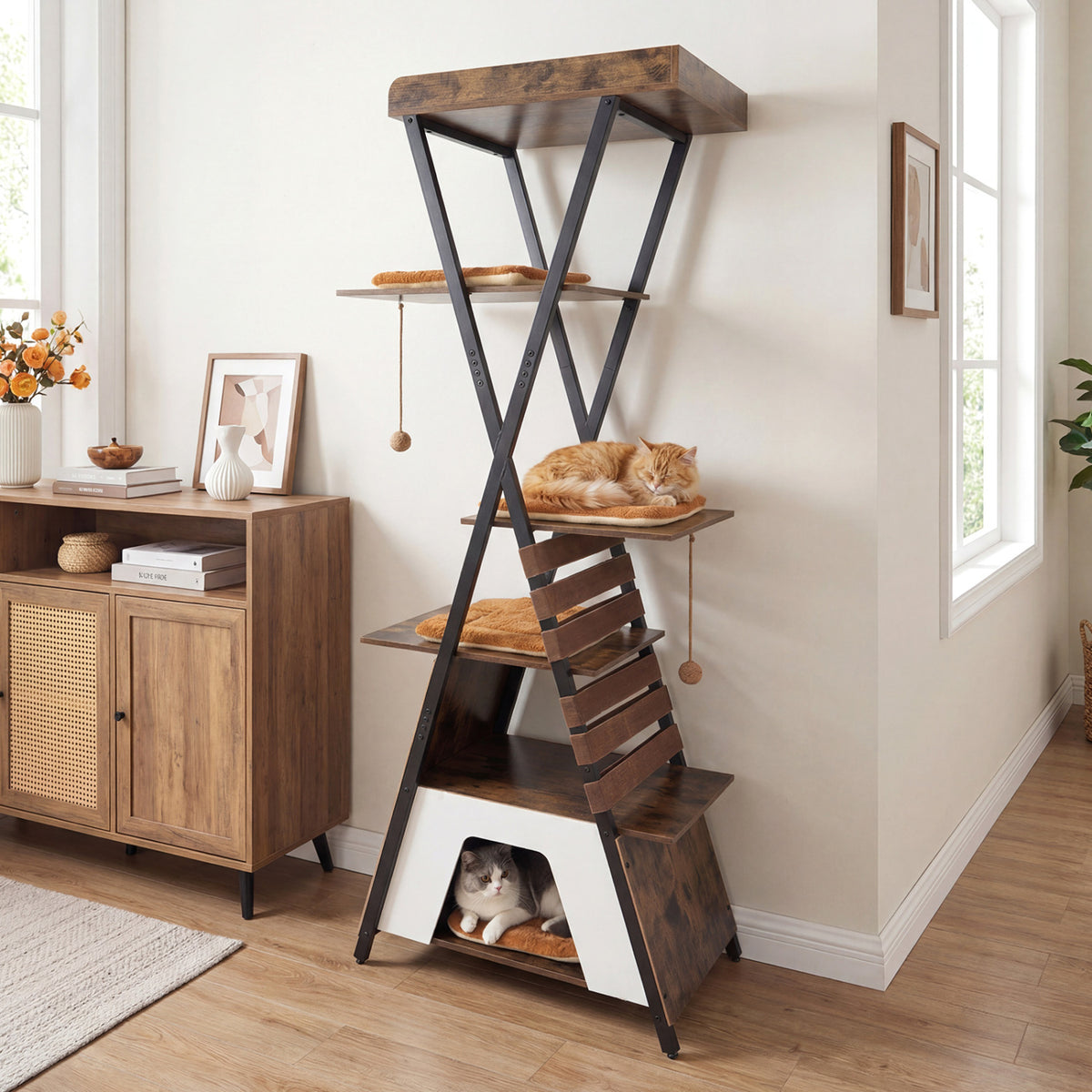 73 Inch Multi-level Cat Tree for Indoor Cats with Elevated Perch and Large Condo-Rustic Brown