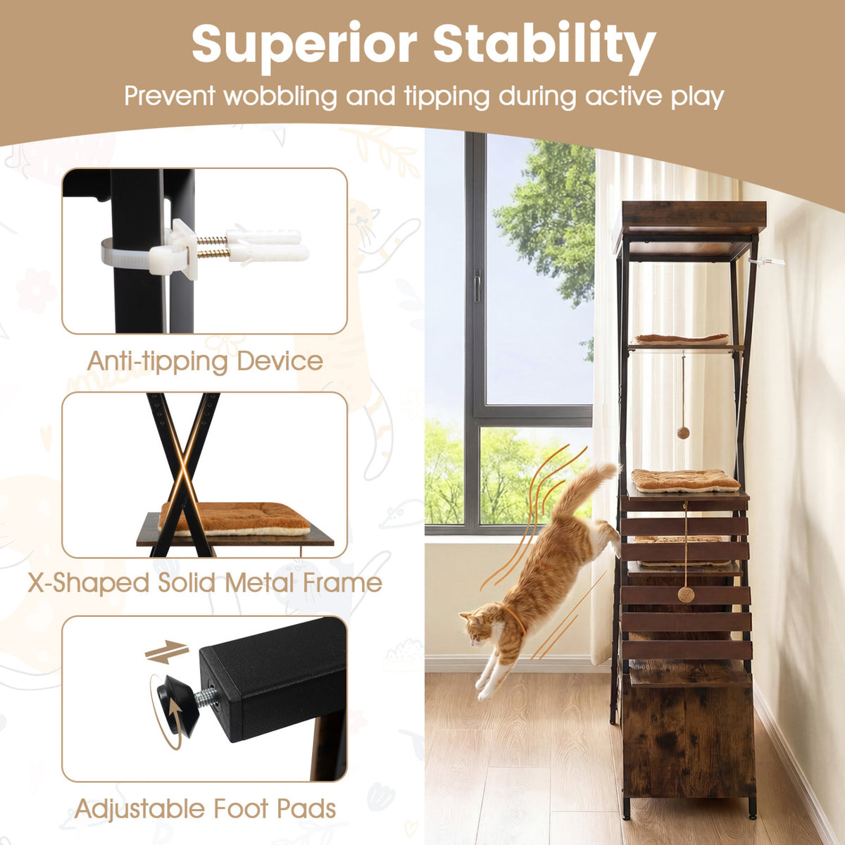 73 Inch Multi-level Cat Tree for Indoor Cats with Elevated Perch and Large Condo-Rustic Brown