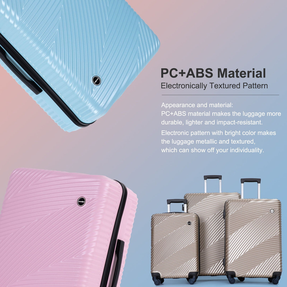 Image showcasing two hard-shell, textured zigzag suitcases in blue and pink, crafted from durable PC+ABS for lightness and impact resistance. Below are three metallic suitcases. Product: 3 Piece Luggage Sets Lightweight Suitcase With Two Hooks, Spinner Wheels.