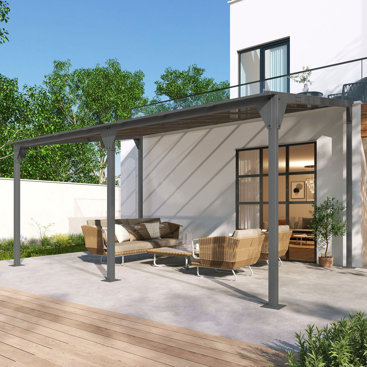 Outdoor Wall Mounted Gazebo With Sloped Roof Design, Uv Protection, And Durable Iron Frame - Gray by Couch.com