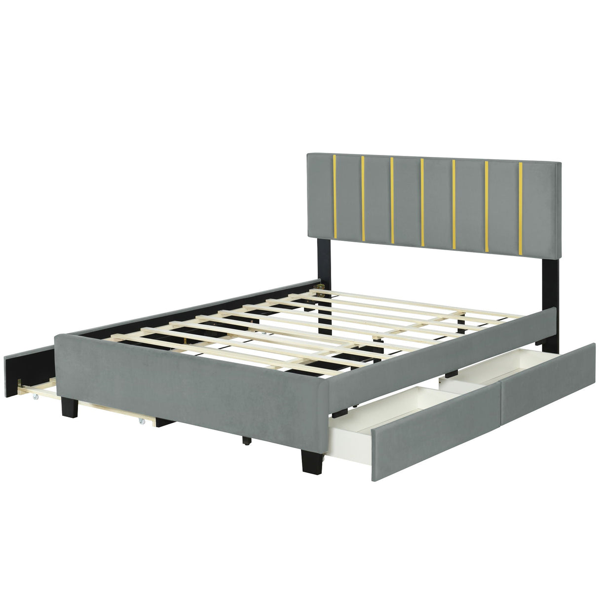 Upholstered Platform Bed With 2 Drawers And 1 Trundle, Classic Strip Headboard Design by Couch.com