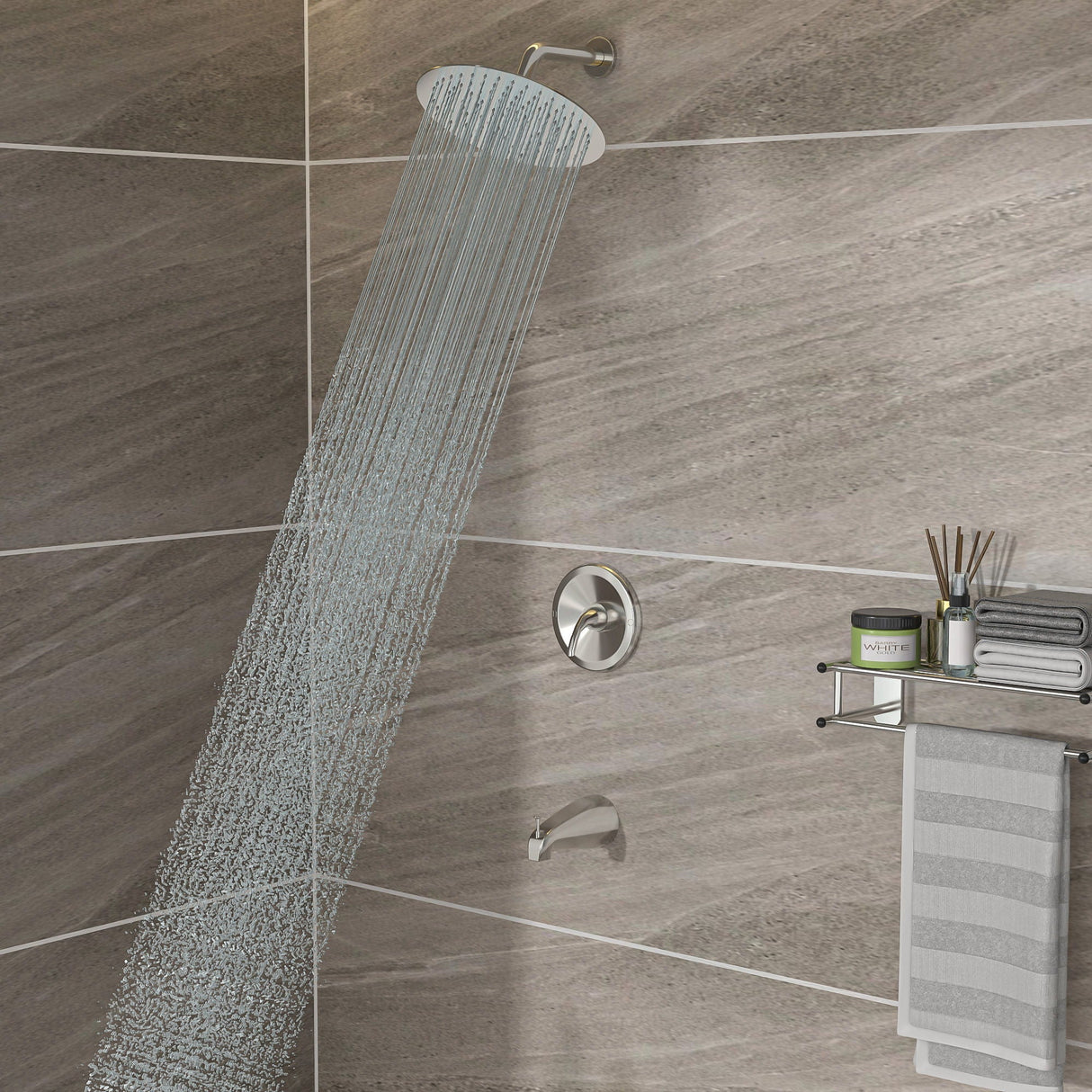10" Round Rain Shower Head System With Waterfall Tub Spout, Wall Mounted, Stainless Steel