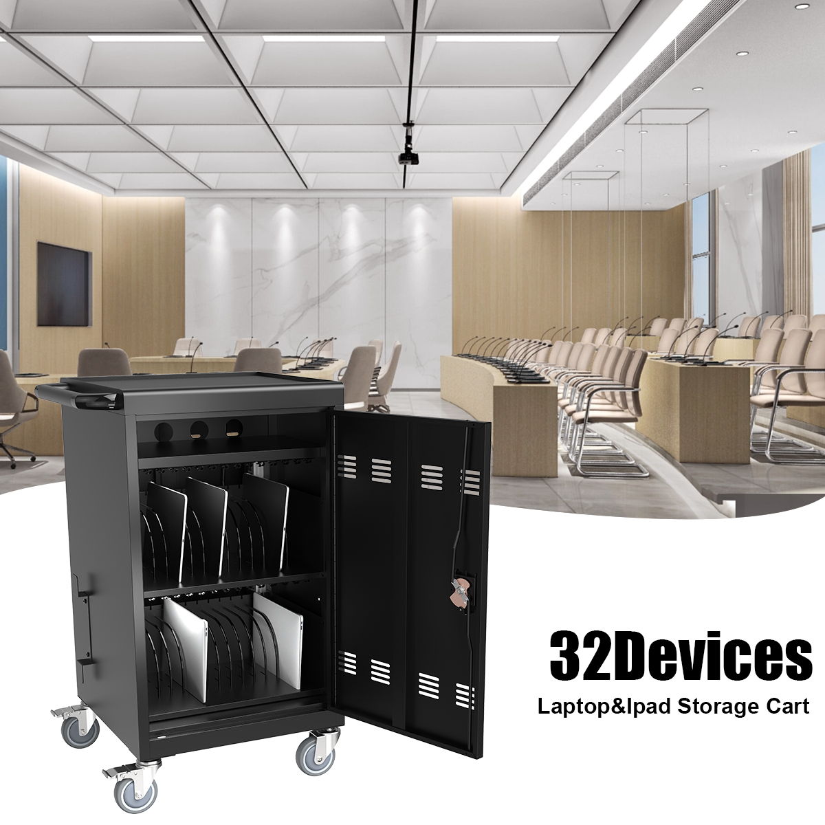 Mobile Charging Cart And Cabinet For Tablets Laptops 32-Device - Matt Black by Couch.com