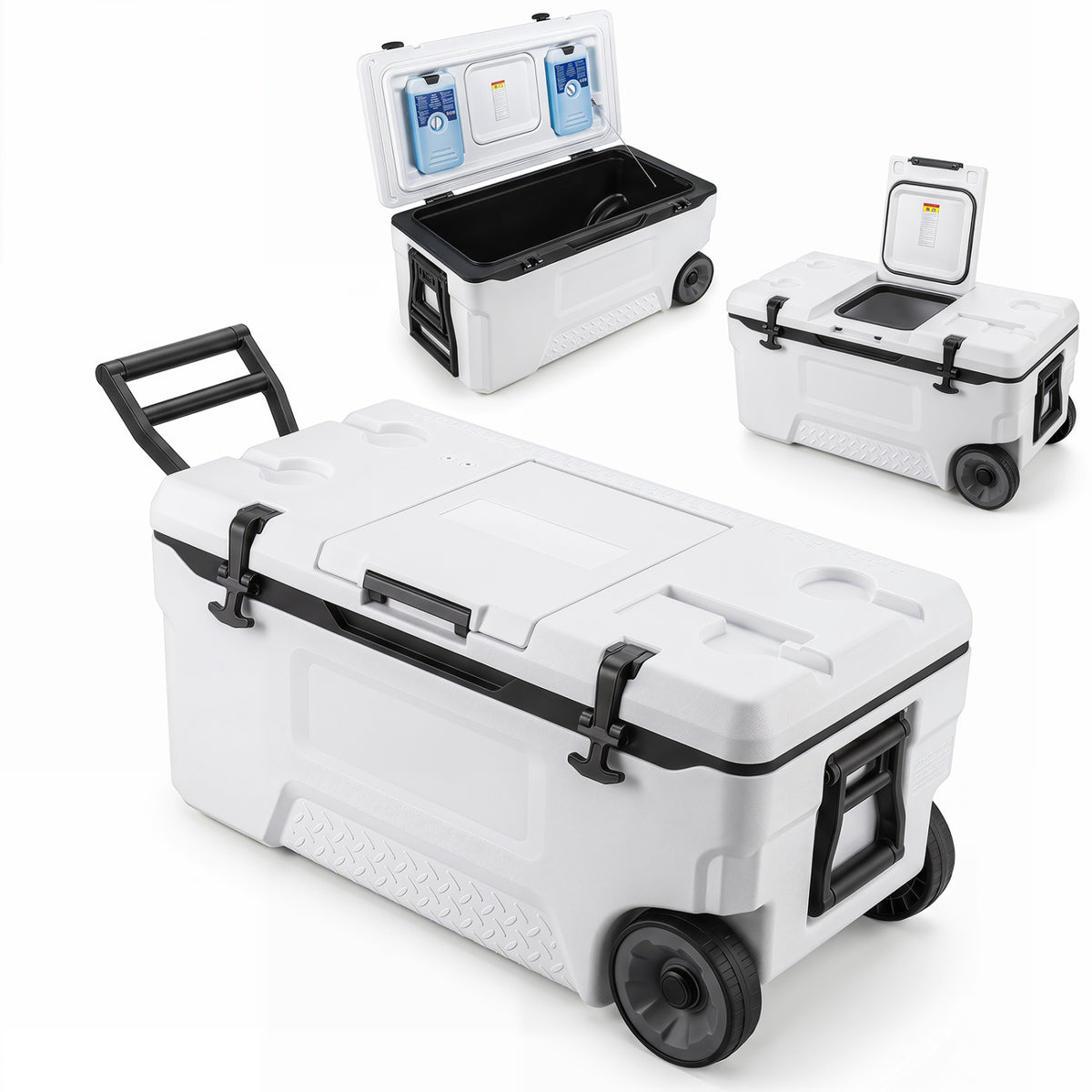 74 Quart Portable Rolling Cooler with Fish Ruler for Outdoor-White