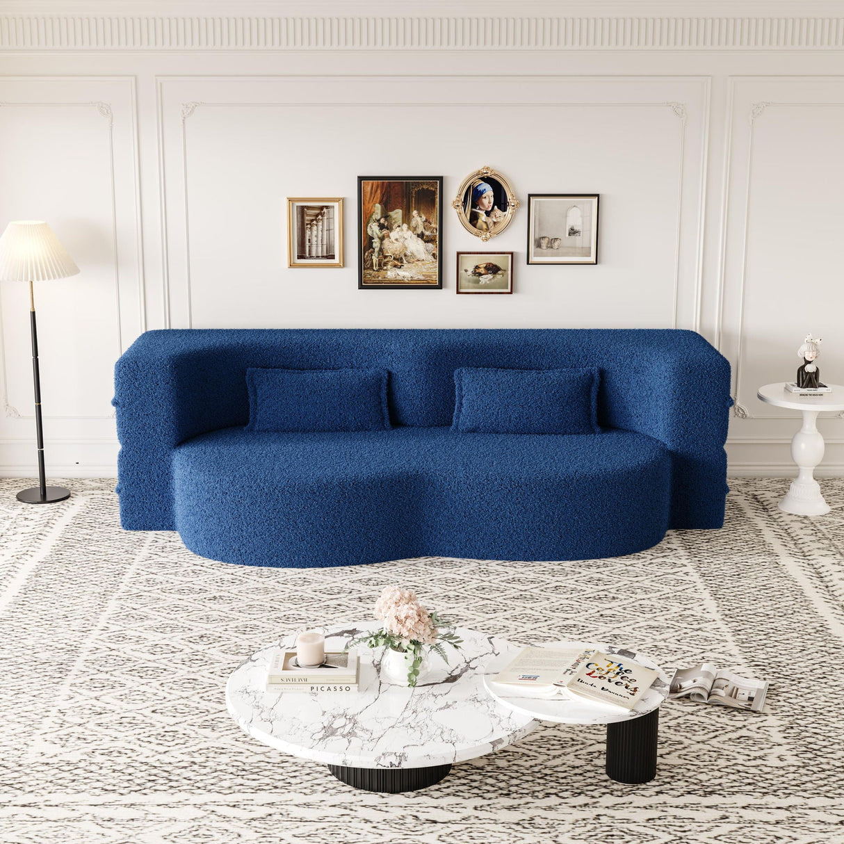 Modern Floor Sofa With Two Pillows Convertible Teddy Fabric Foam Filled Bed