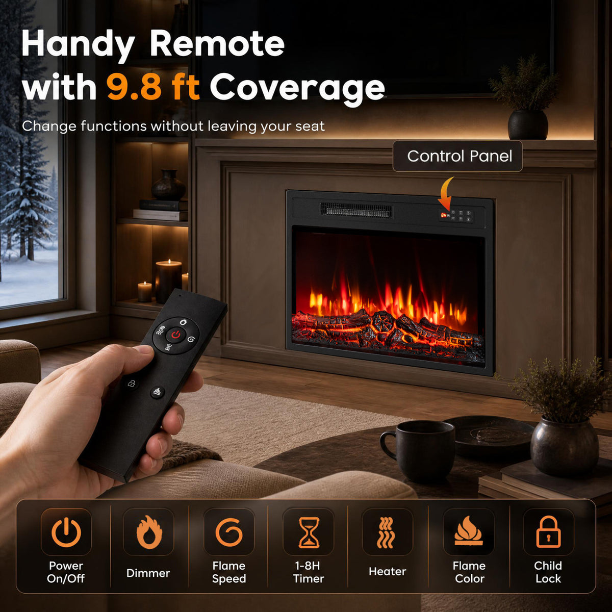 750/1500W Electric Fireplace Insert with Low Noise and Remote Control-23"