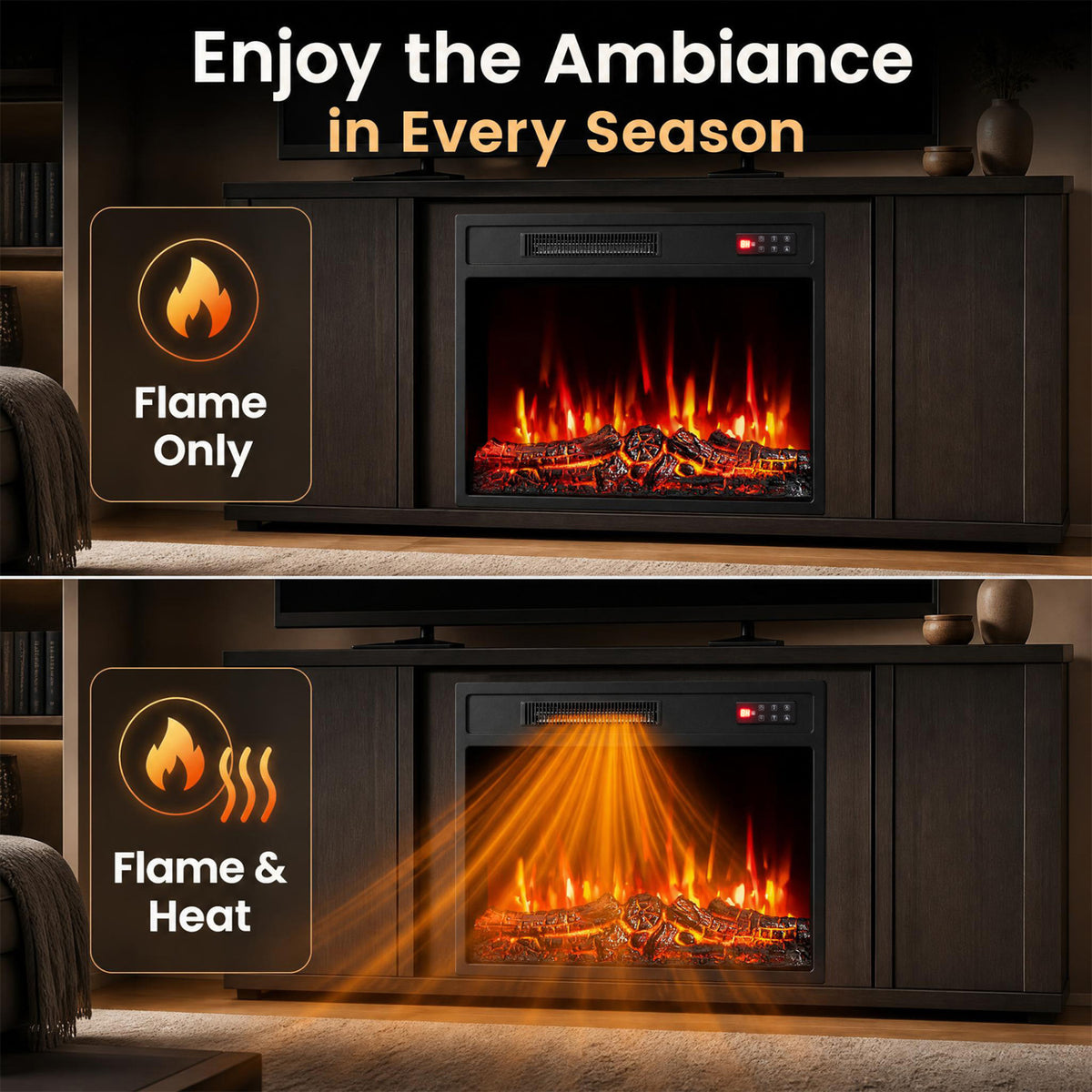 750/1500W Electric Fireplace Insert with Low Noise and Remote Control-23"