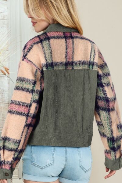 Plaid Corduroy Flap Pockets Button Up Jacket Trendy Outerwear With Classic Flap Pockets For Casual Comfort