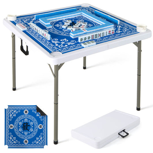 35 Inch 4 Player Game Card Folding Mahjong Table with Cup Holders-Light Blue