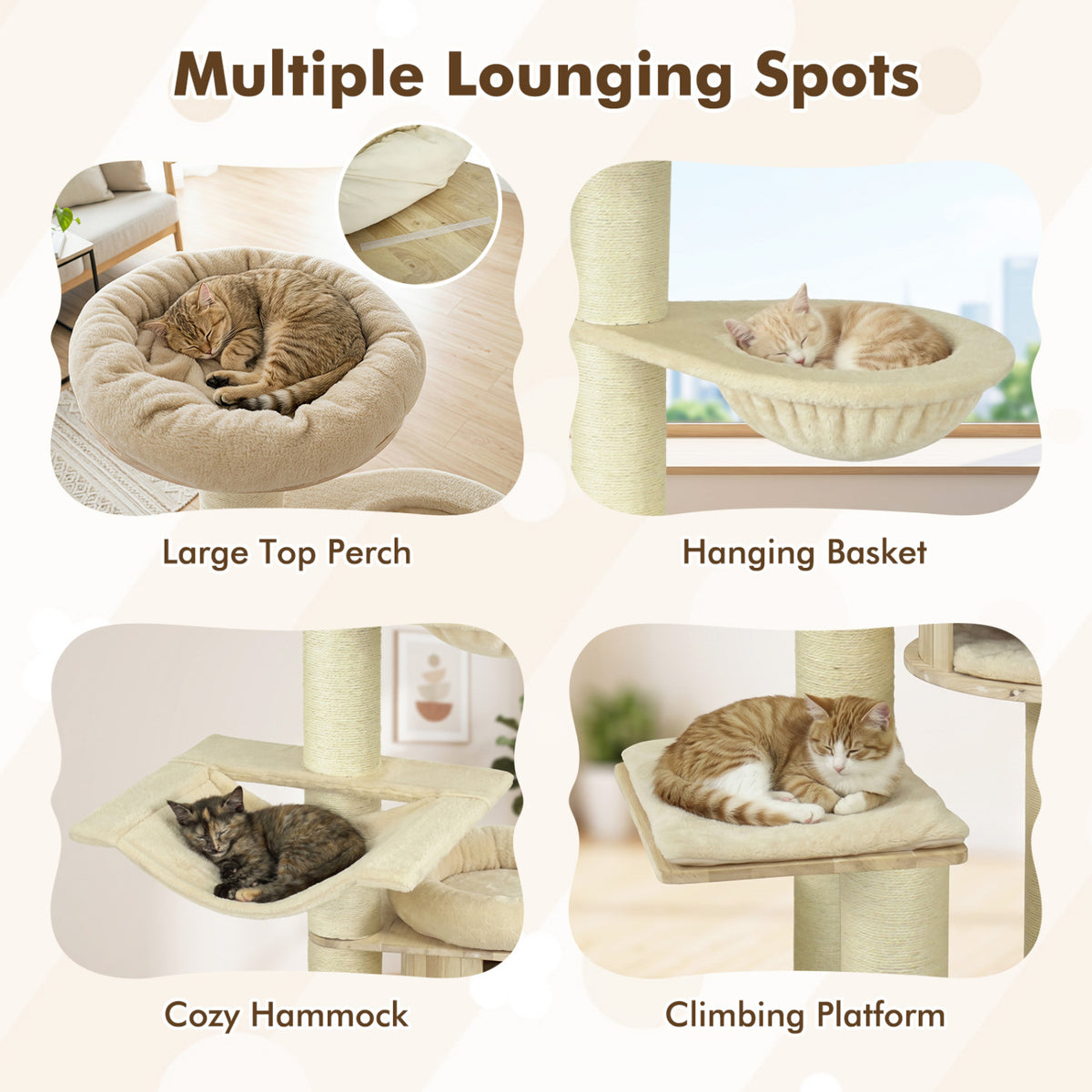 75.5" Tall Cat Tree with 7 Sisal Posts & Hanging Basket and Hammock for Indoor-Beige