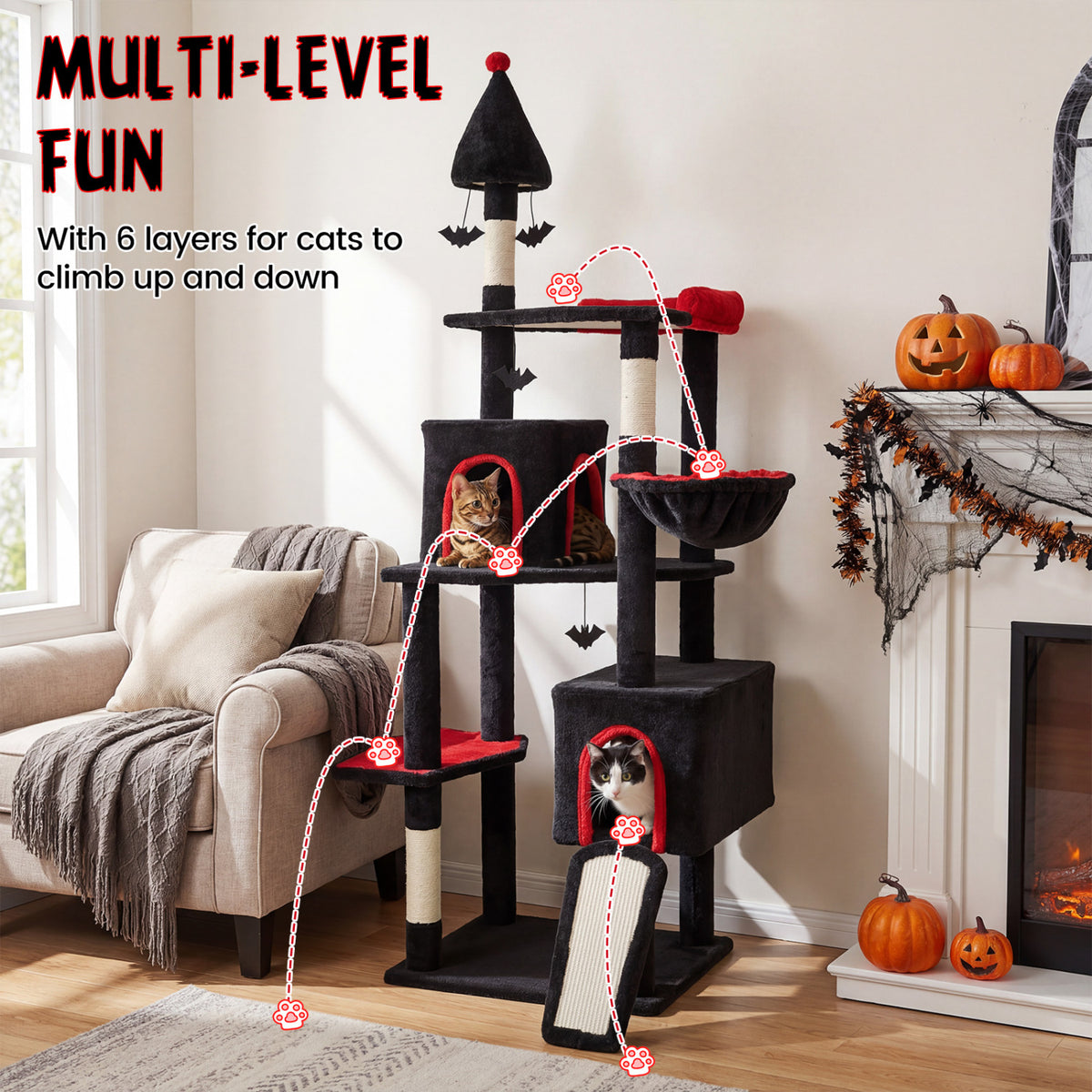 75 Inch Gothic Cat Tree with 2 Condos and Top Perch for Large Cats 20+ LBS-Black