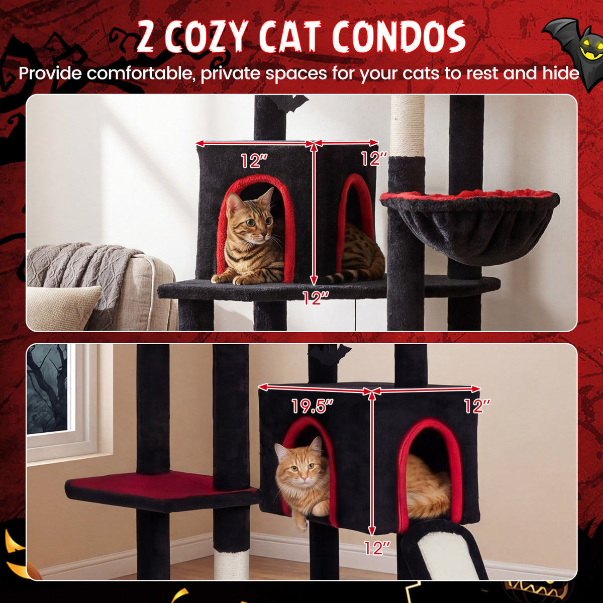 75 Inch Gothic Cat Tree with 2 Condos and Top Perch for Large Cats 20+ LBS-Black
