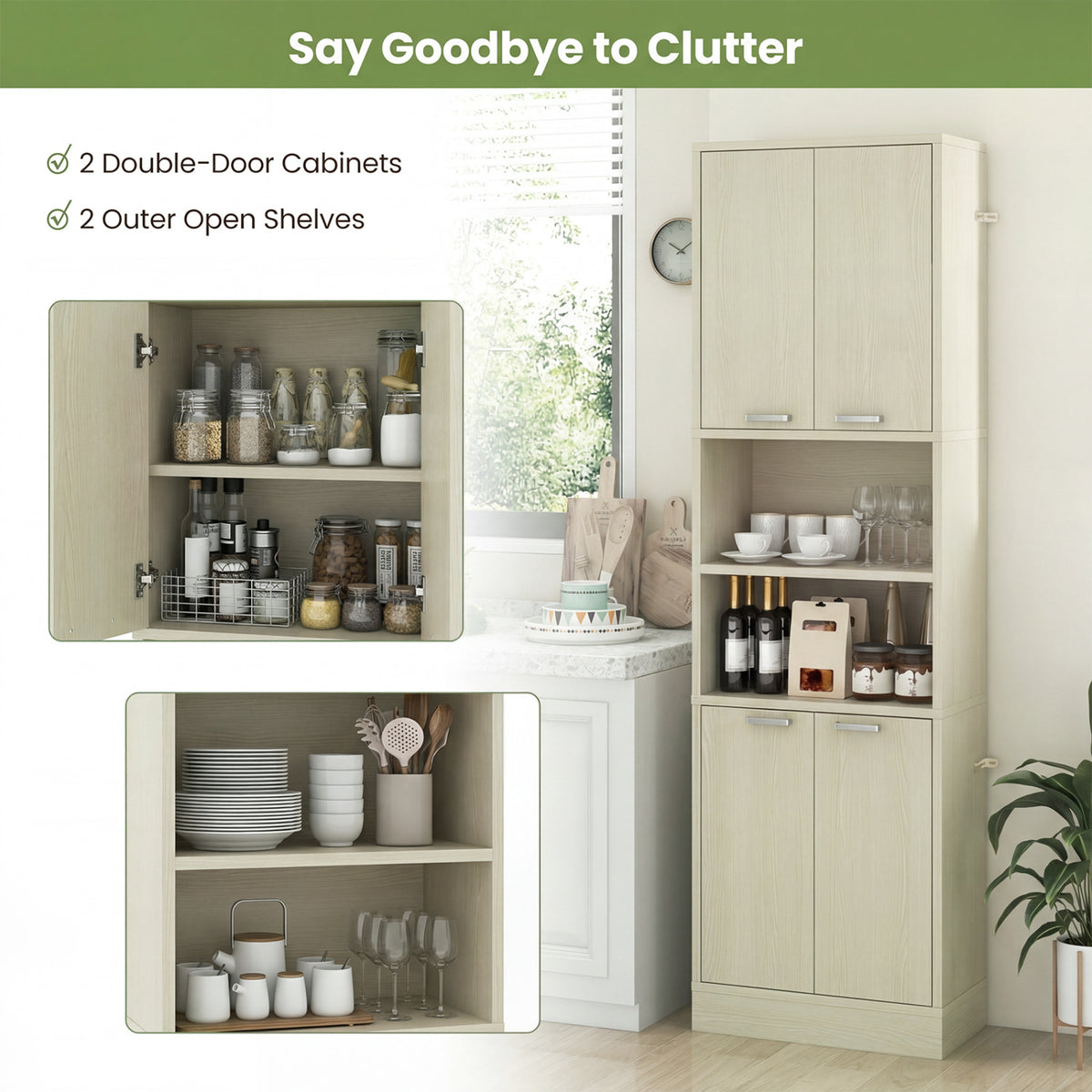 75 Inch Kitchen Pantry Cabinet Tall Cupboard with Doors and Shelves-Beige