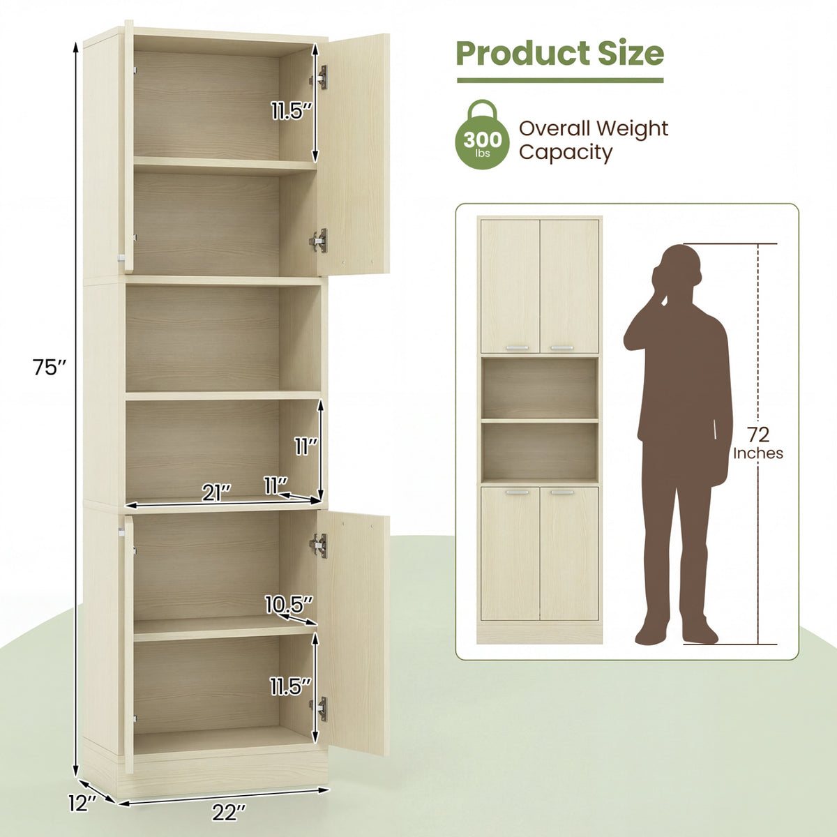 75 Inch Kitchen Pantry Cabinet Tall Cupboard with Doors and Shelves-Beige