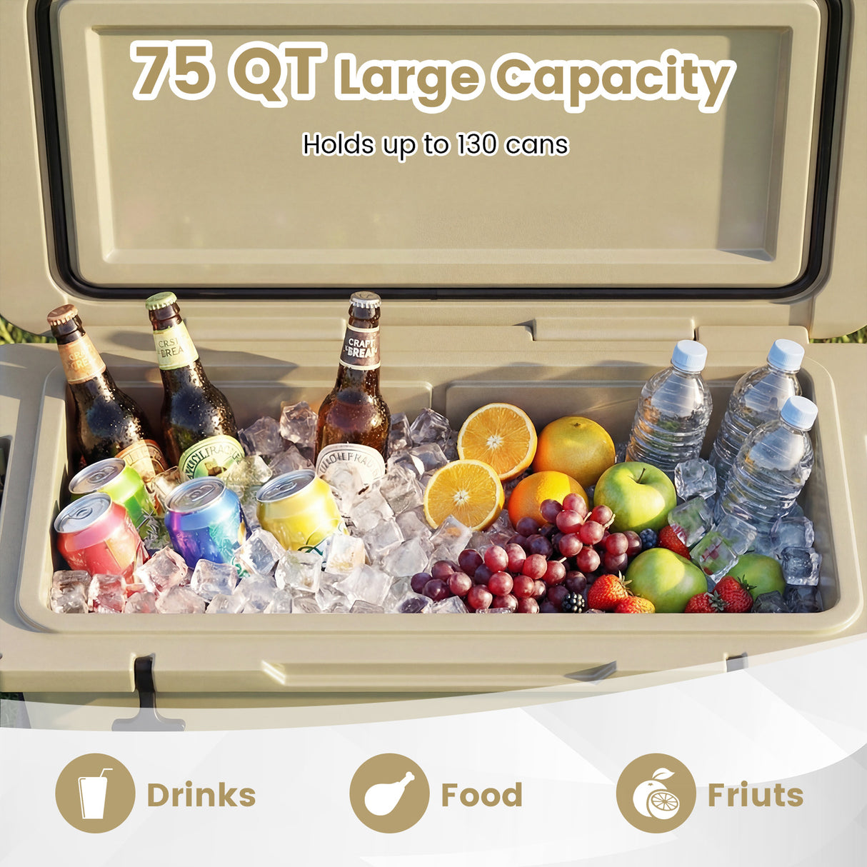 75 Quart Portable Hard Cooler with 6-Day Ice Retention and Wheels-Khaki