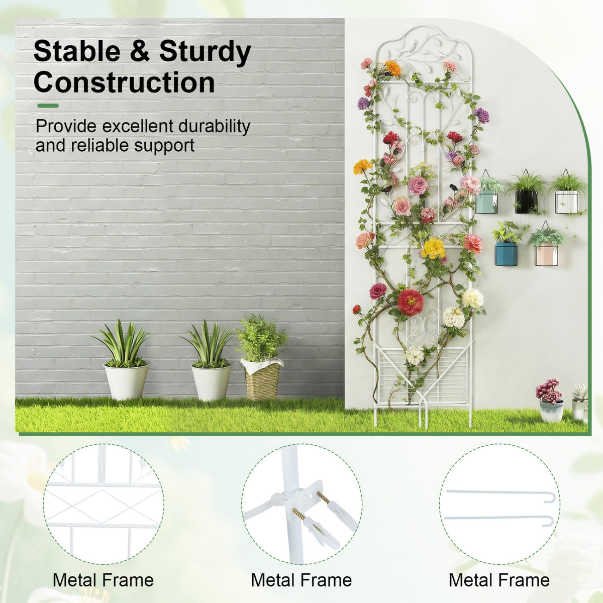 75 x 20 Inch Outdoor Metal Garden Trellis with Foldable Bottom Shelf-White
