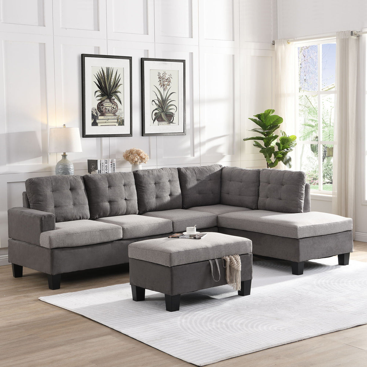 Sofa Set With Chaise Lounge And Storage Ottoman - Gray by Couch.com