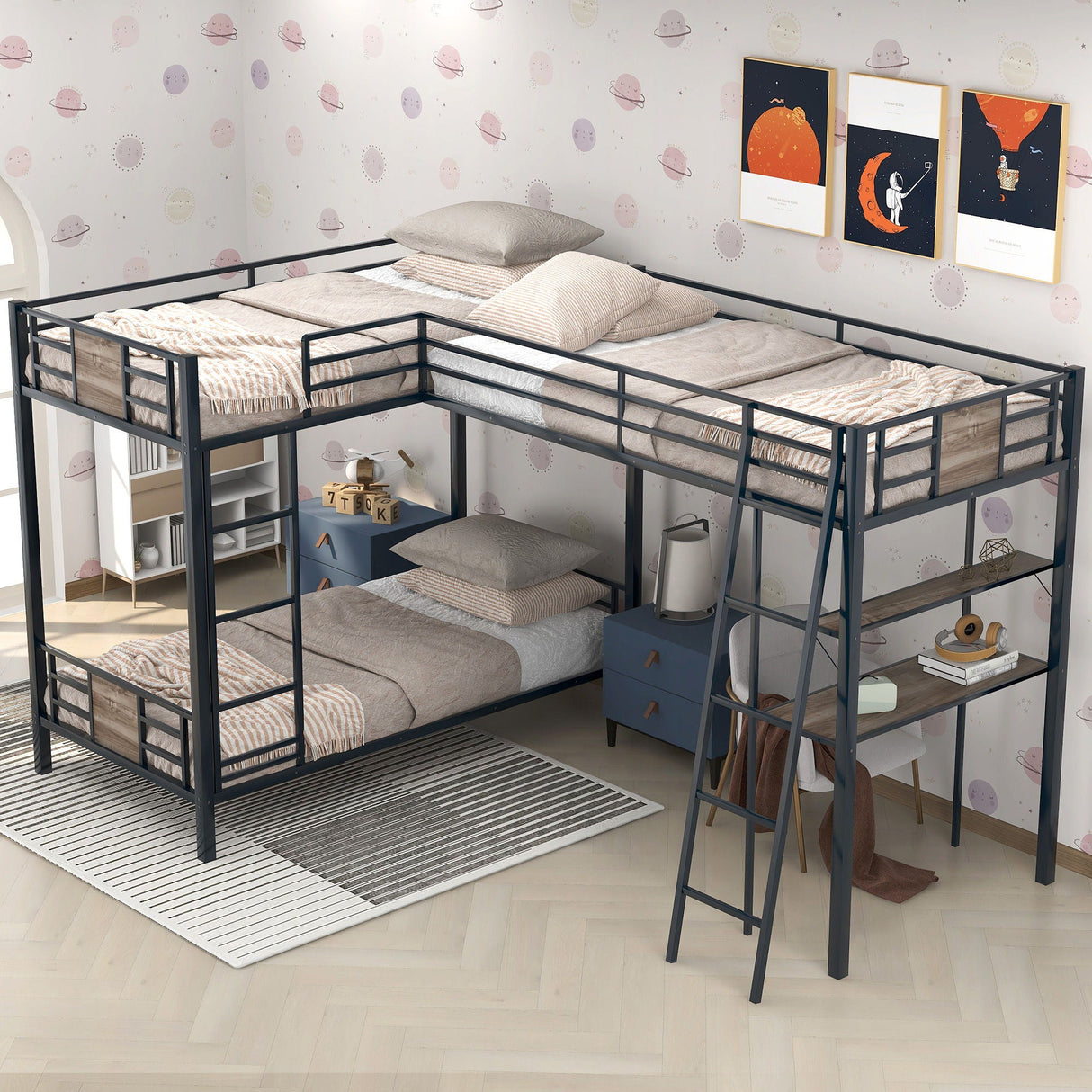 L-Shaped Twin Over Twin Bunk Bed With Twin Size Loft Bed With Desk And Shelf - Brown by Couch.com