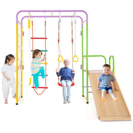 Metal Indoor Jungle Gym 8-in-1 Climbing Playset with Monkey Bars-Multicolor