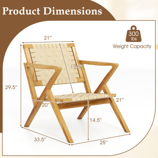 Outdoor and Indoor Teak Wood Patio Chair wuth Webbing Seat and Backrest-Natural