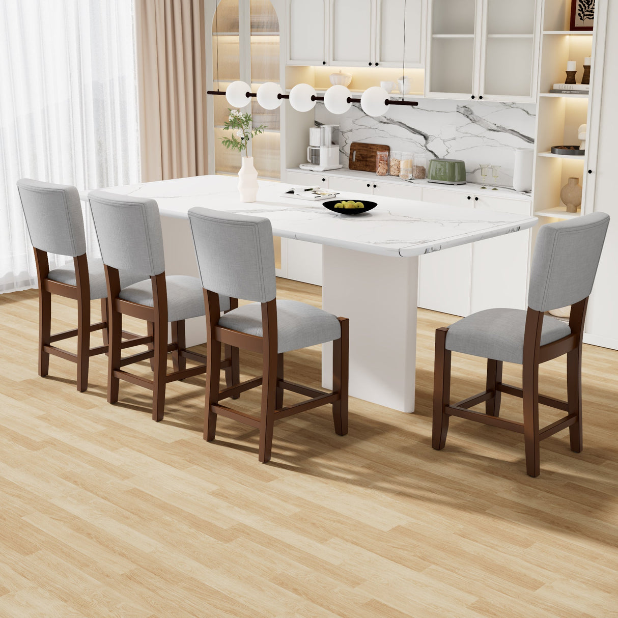 Set of 4 Mid-Century Modern Linen Upholstered Bar Stools