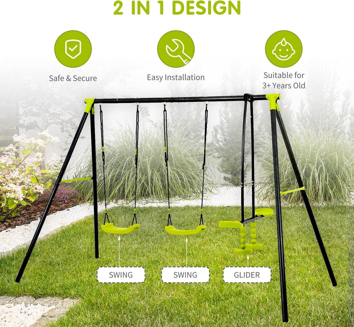 Xns008 Interesting Triple Children Metal Safe Swing Set 440Lbs For Outdoor Playground Three Seat Swing For Age 3+ - Green / Black by Couch.com