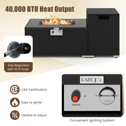 2-Piece Outdoor Rattan Fire Table Set 32 Inch Rectangle Gas Firepit with Tank Cover-Brown