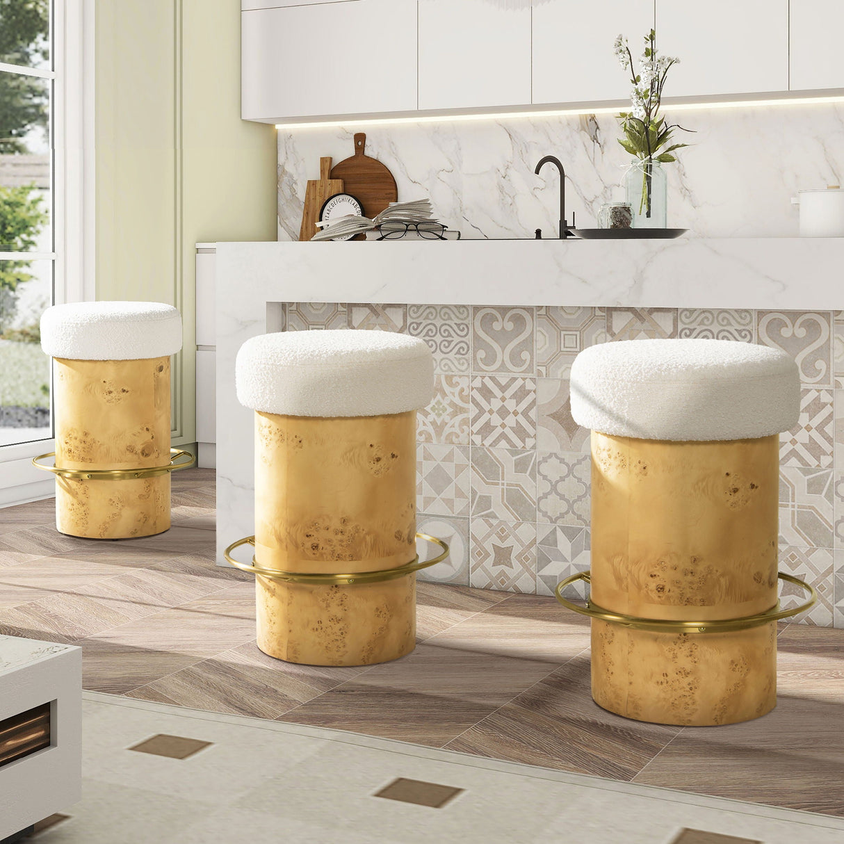 Nebula - Backless Round Upholstered Counter Stool With Burl - Ivory White by Couch.com