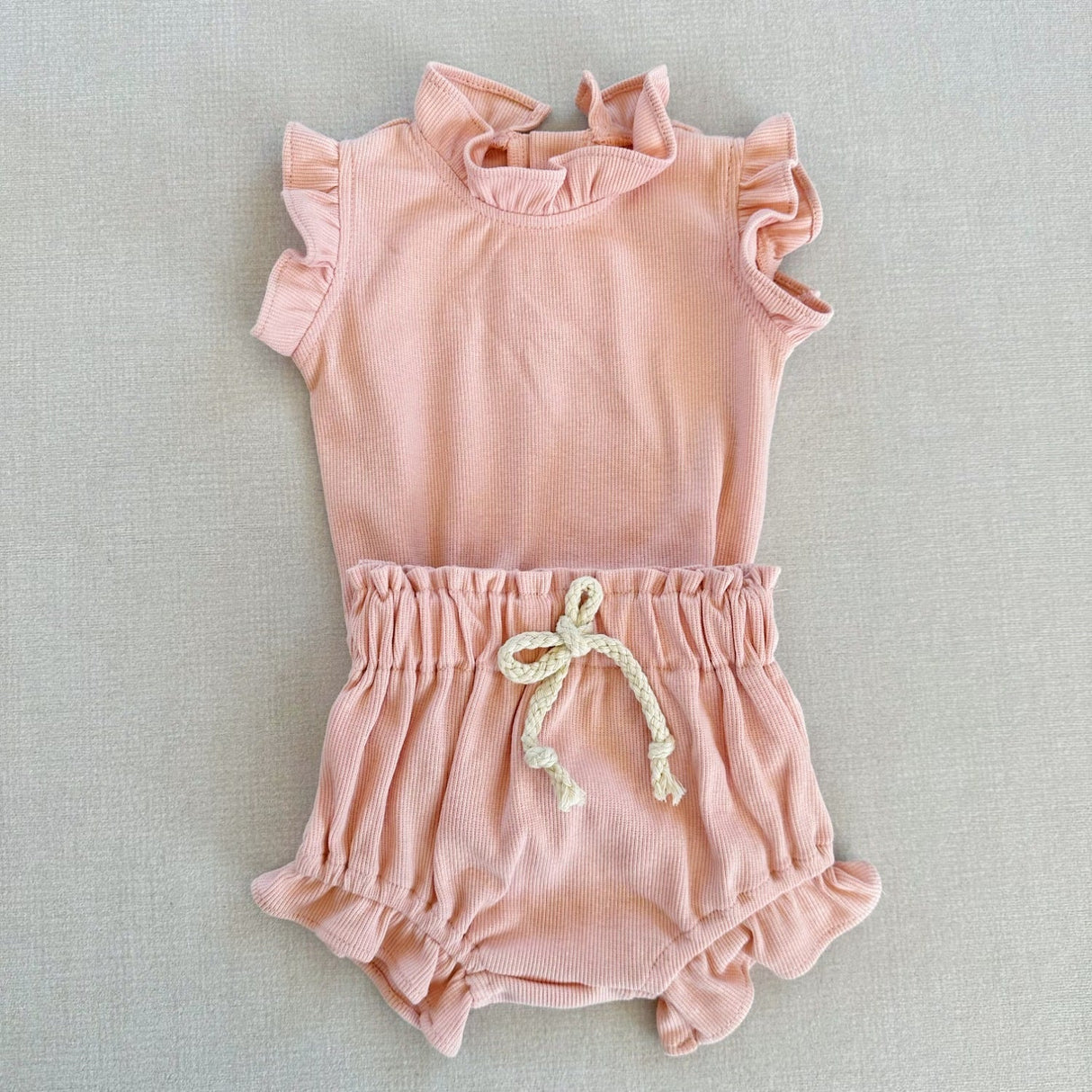 Rib Cotton Short Sleeve Wooden Ear Rompers Jumpsuit
