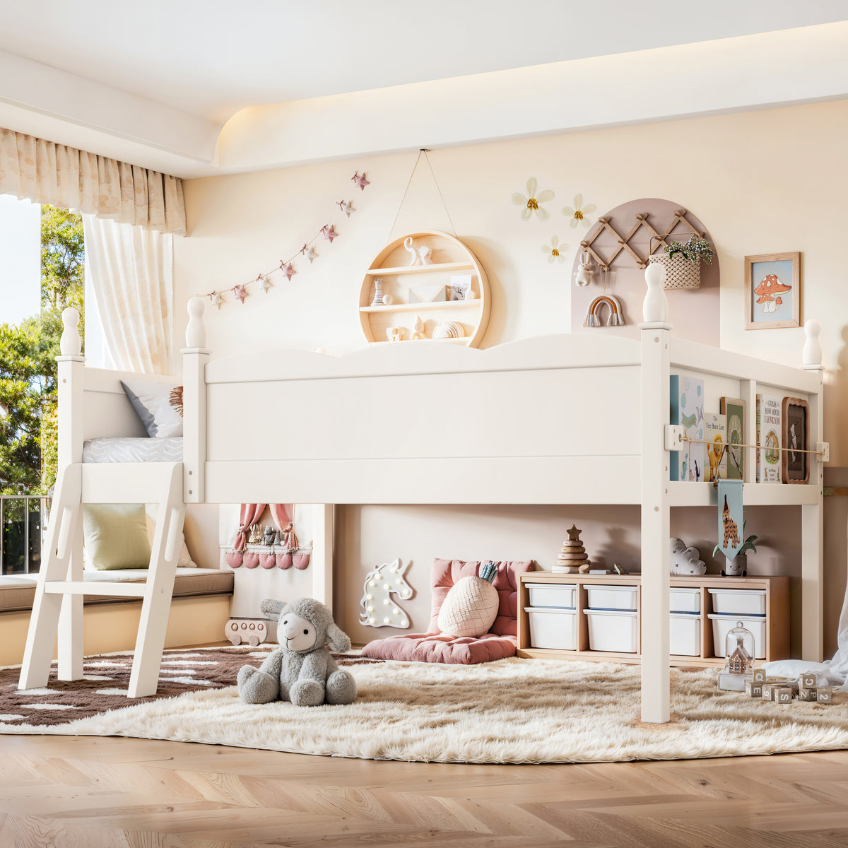 Full Size Loft Bed with Full-Length Guardrails, Solid Wood Low Loft Bed with Ladders and Beside Book Shelf, Low Profile Design, Beige