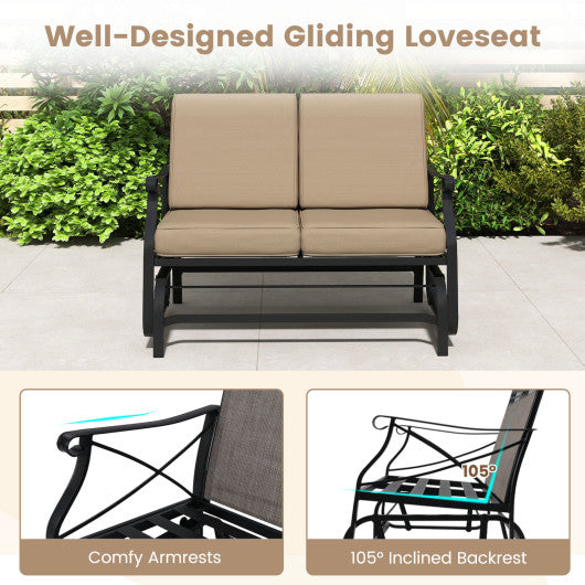 Outdoor 2-Person Glider Rocking Chair Loveseat with Thick Cushions and Metal Frame-Brown