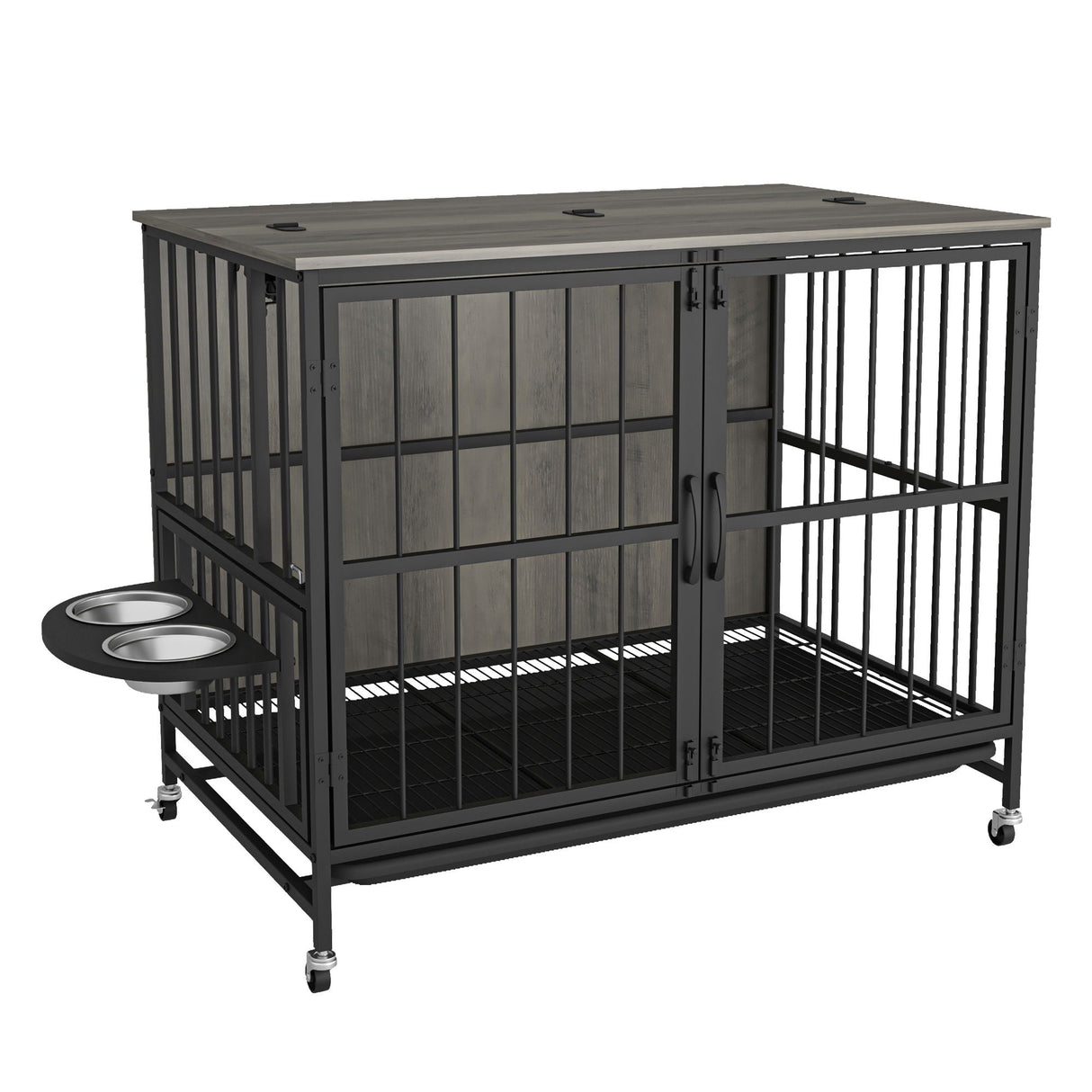 Modern Kennel Dogs Room Up To 80 Lb, Dog Crate Furniture With Multi-Purpose Rremovable Ttray, Double-Door Dog House, Lift Panel, 360 Degree Rotation, 3 Height Adjustable Feeding Bowls by Couch.com