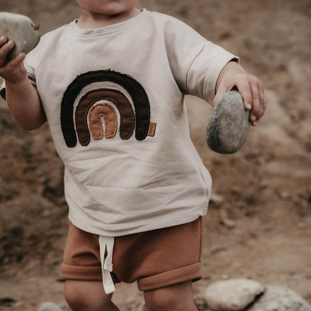 Baby Boys And Girls Cute Round Neck Rainbow Embroidered Short Sleeve