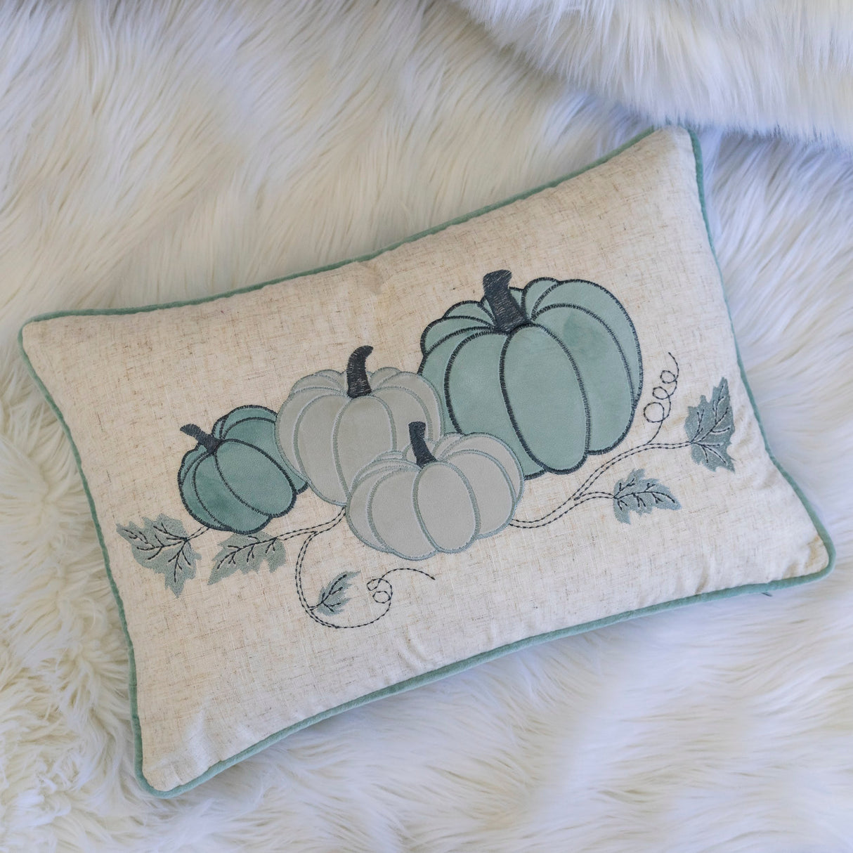 Pastel Harvest Lumbar Pillow – Misty Blue Fall Accent Cushion