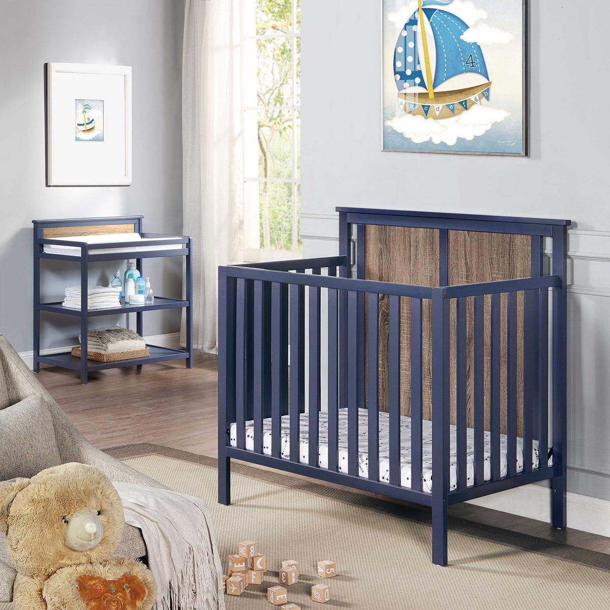 Connelly 3-in-1 Mini Crib with Mattress Pad, Midnight Blue / Vintage Walnut