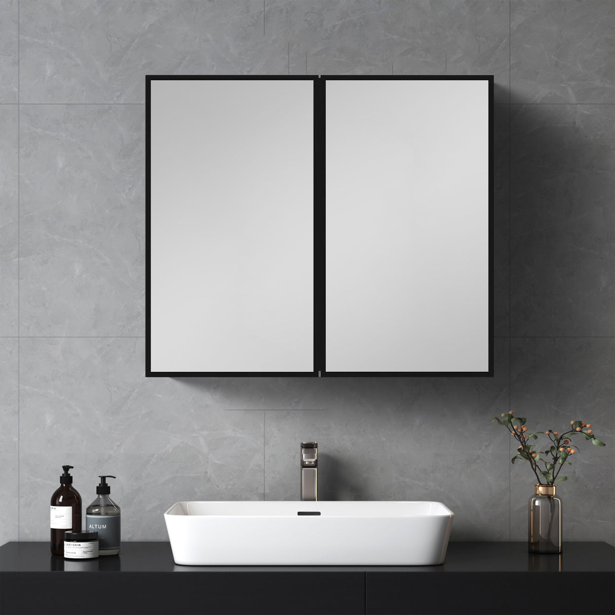 26X30" Black Metal Framed Wall Mount Or Recessed Bathroom Medicine Cabinet With Mirror - Black by Couch.com
