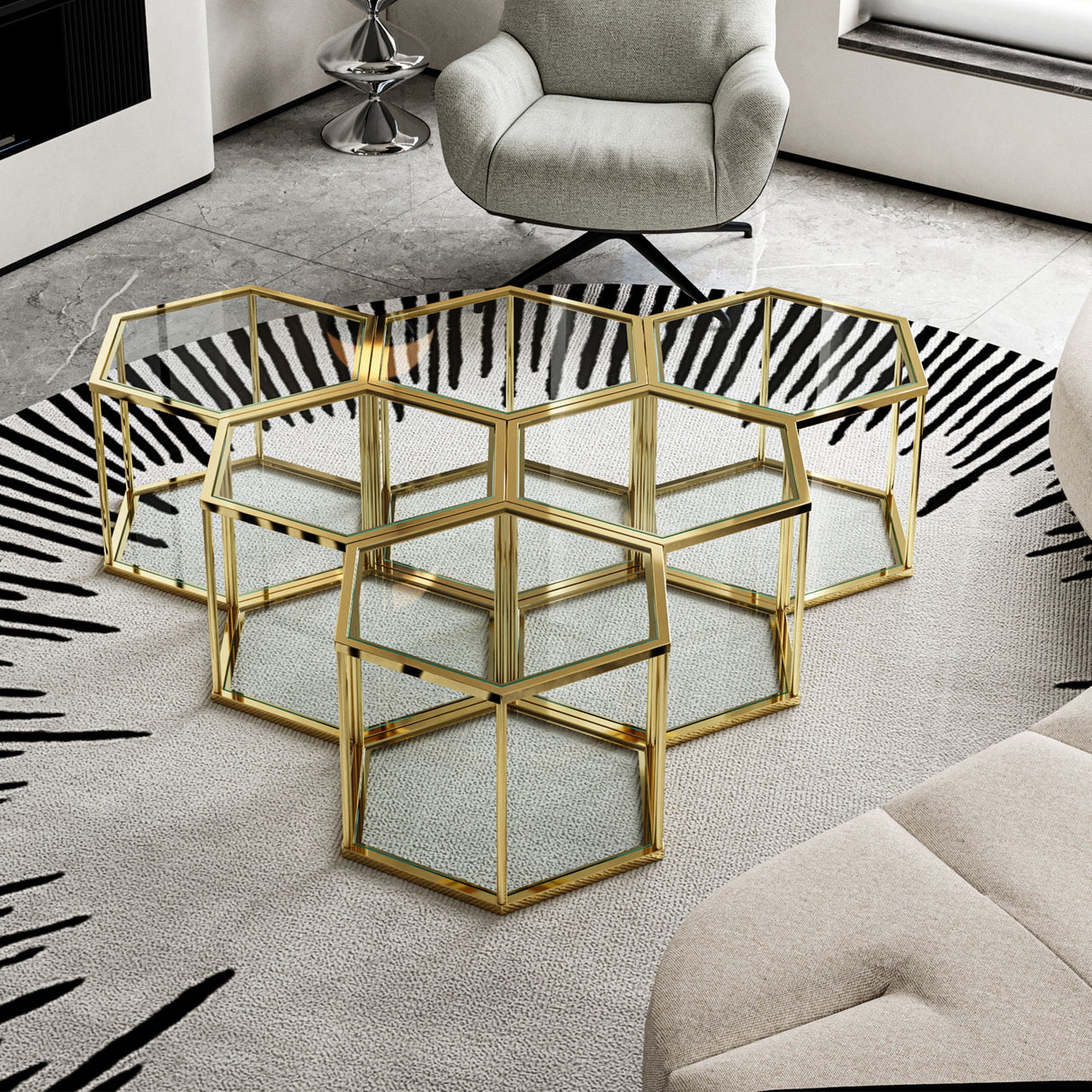 Modern Coffee Table With Double Layer Tempered Glass And Polygonal Design by Couch.com