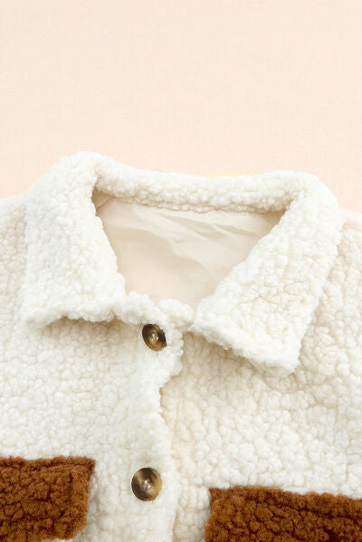Women Cute Sherpa Jacket with Button Closure and Collared Neck in Elegant Retro Style