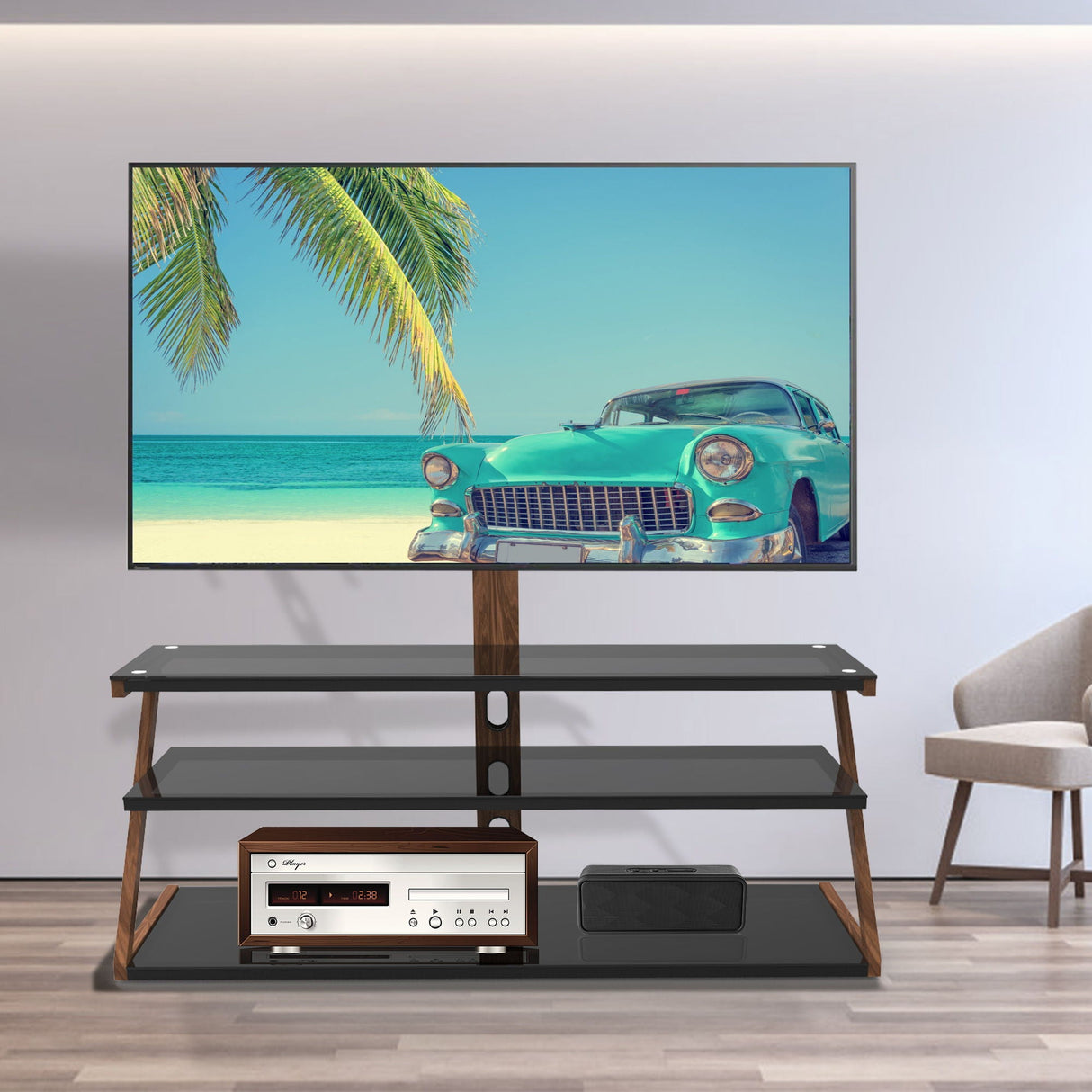 Tempered Glass Height Adjustable Universal Swivel Glass Floor Media Storage Stand With Mount Heat-Transferred Printing Metal Tube, Walnut / Black - Walnut / Black by Couch.com